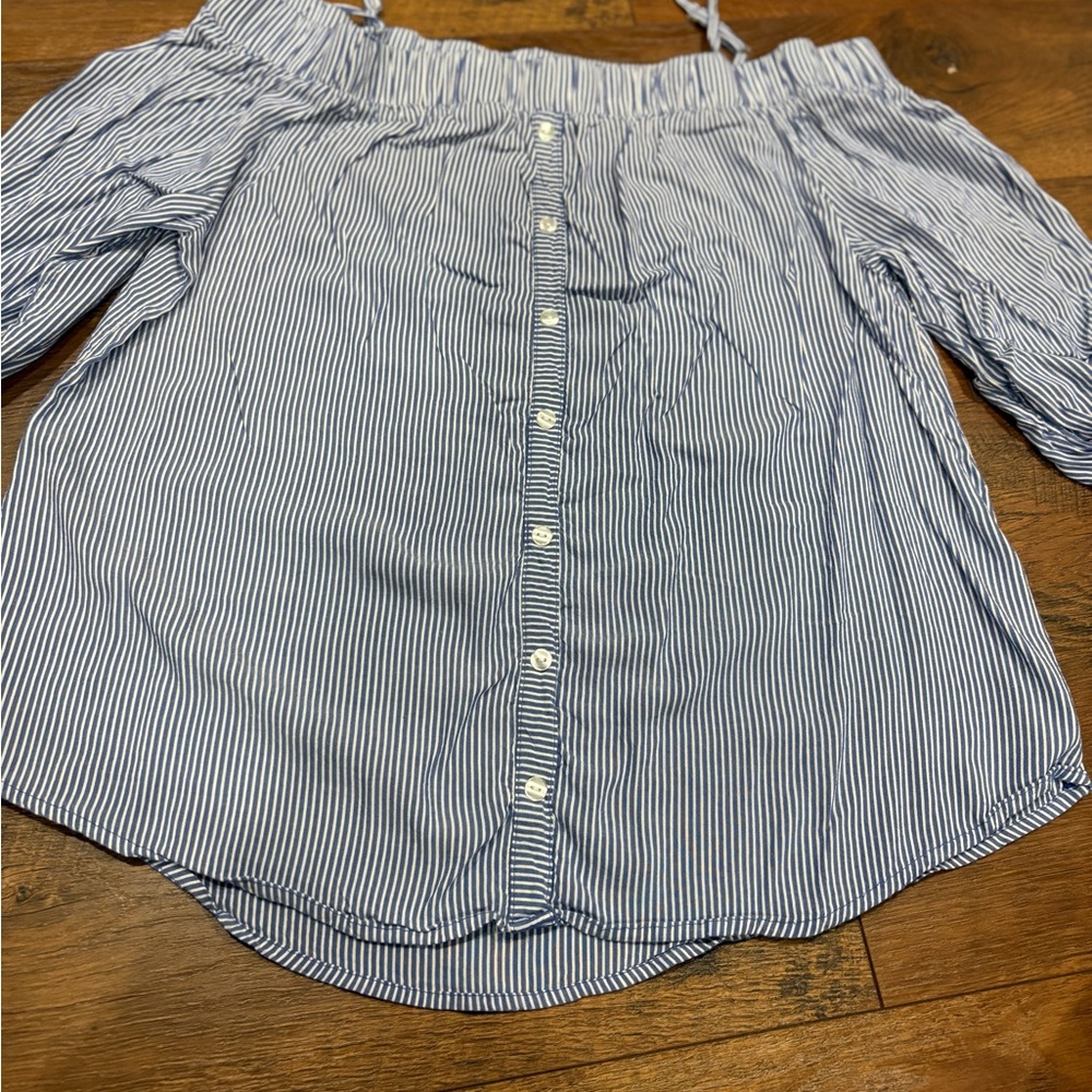 Iz Byer Blue and White Striped Button Down Shirt - Picture 3 of 9